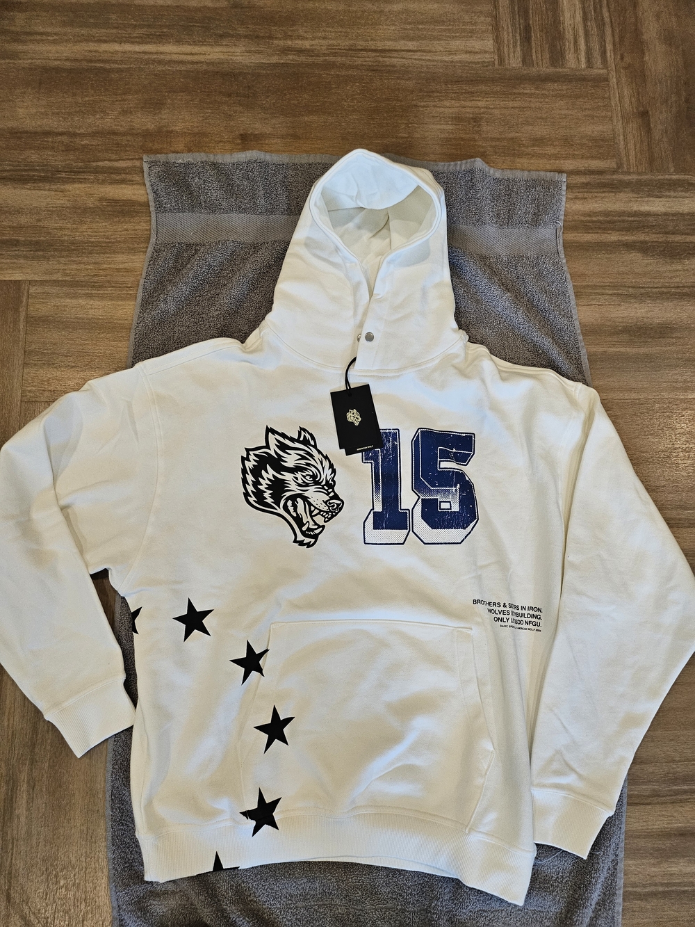 Darc Sport LA White Hoodie with Blue '15' and Black Wolf Graphic
